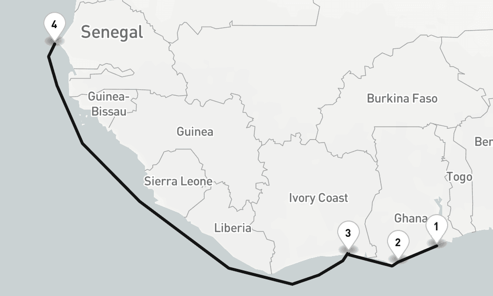 10 days, one-way from Tema Harbour-Accra to Dakar 11日間
