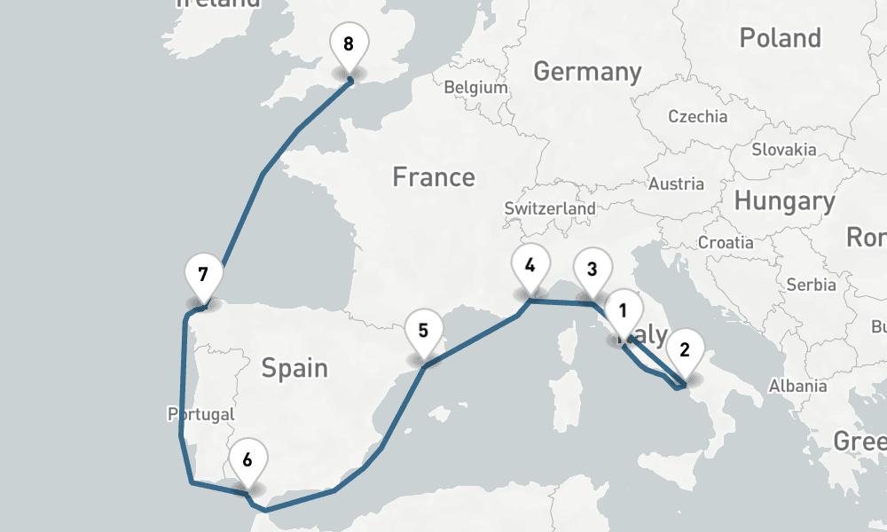 10 days, one-way from Civitavecchia-Rome to Southampton 11日間