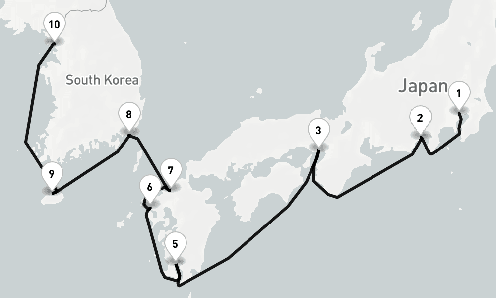 12 days, one-way from Tokyo to Incheon 13日間