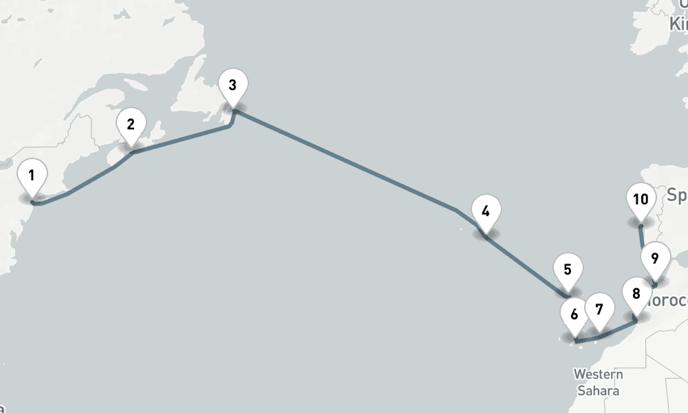 16 days, one-way from New York to Lisbon 17日間