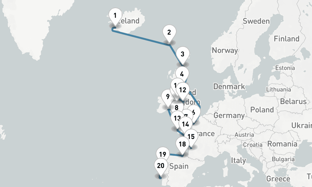 23 days, one-way from Reykjavik to Lisbon 24日間