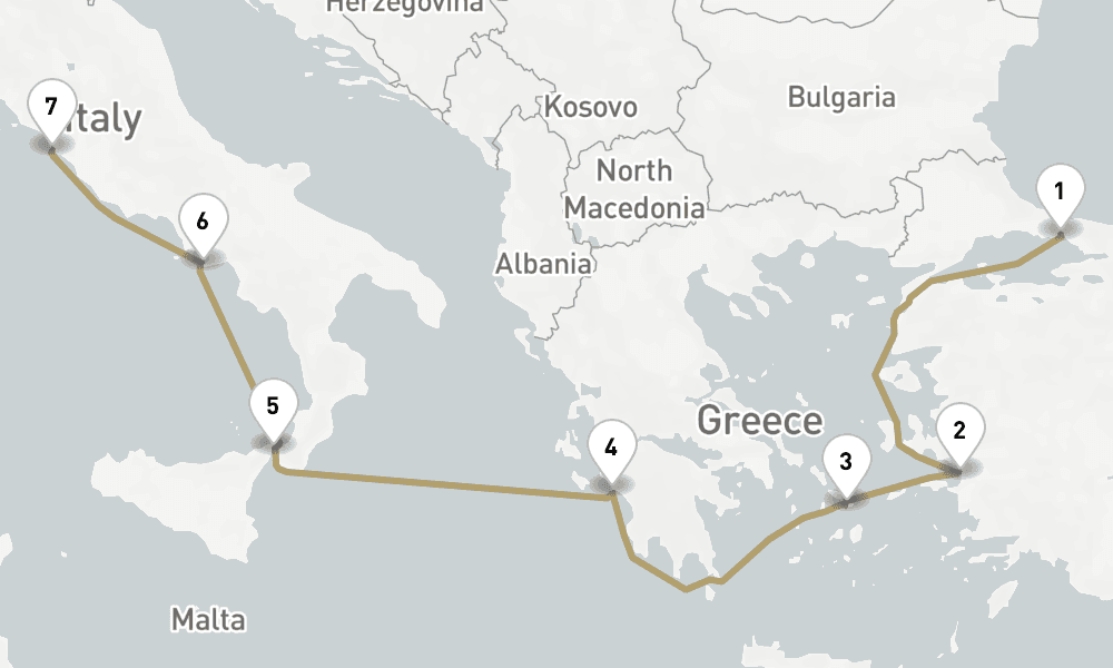 7 days, one-way from Istanbul to Civitavecchia-Rome 8日間