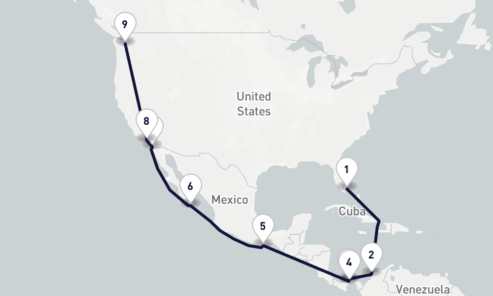 18 days, one-way from Miami to Seattle 19日間