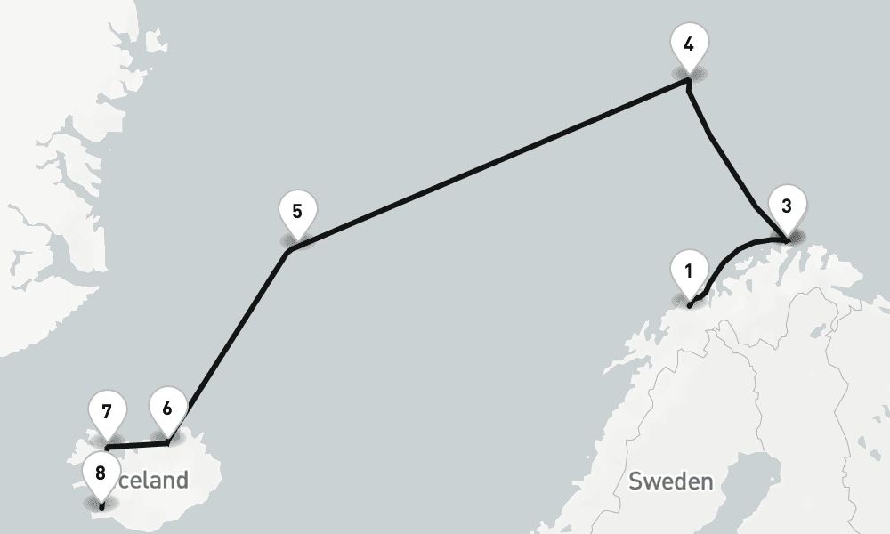 13 days, one-way from Tromso to Reykjavik 14日間
