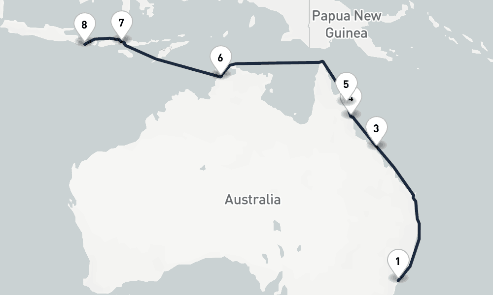 13 days, one-way from Sydney to Benoa 14日間
