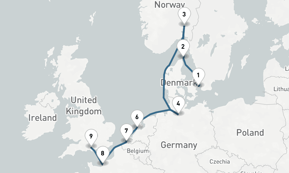 9 days, one-way from Copenhagen to Southampton 10日間
