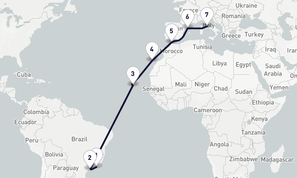 17 days, one-way from Rio de Janeiro to Civitavecchia-Rome 18日間