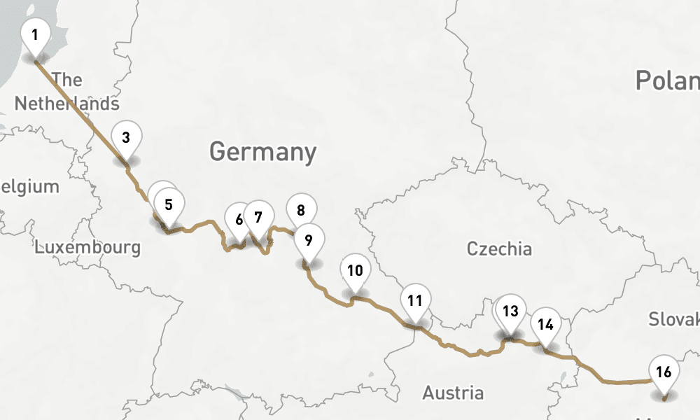 14 nights / 15 days, one-way from Amsterdam (Holland) to Budapest