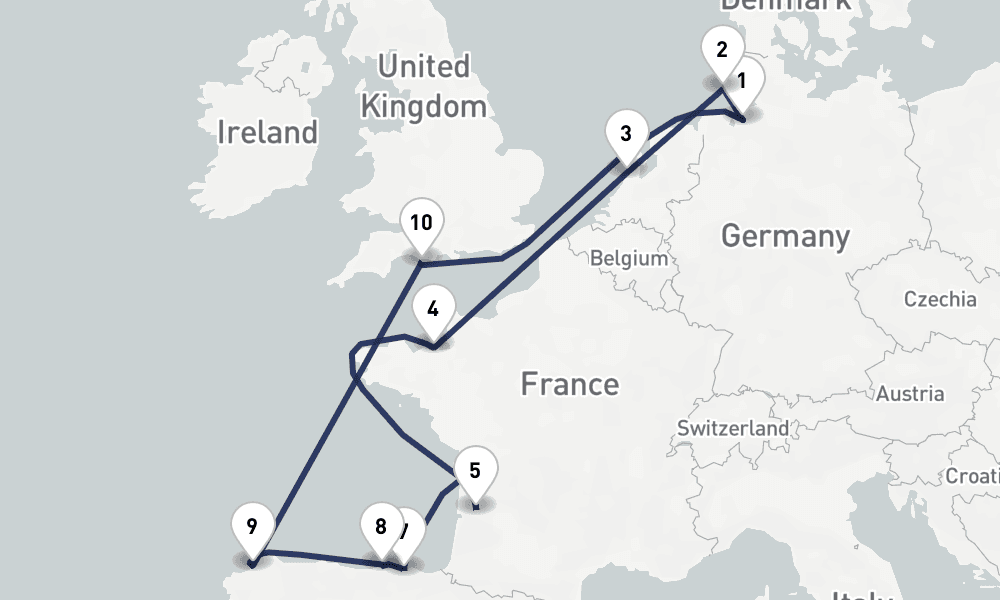 14 days, round-trip An Pfingsten zur Atlantikkuste Europas 15日間