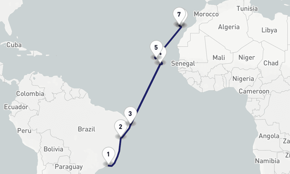 15 nights / 16 days, one-way from Rio de Janeiro to Santa Cruz de Tenerife (Canary Islands)