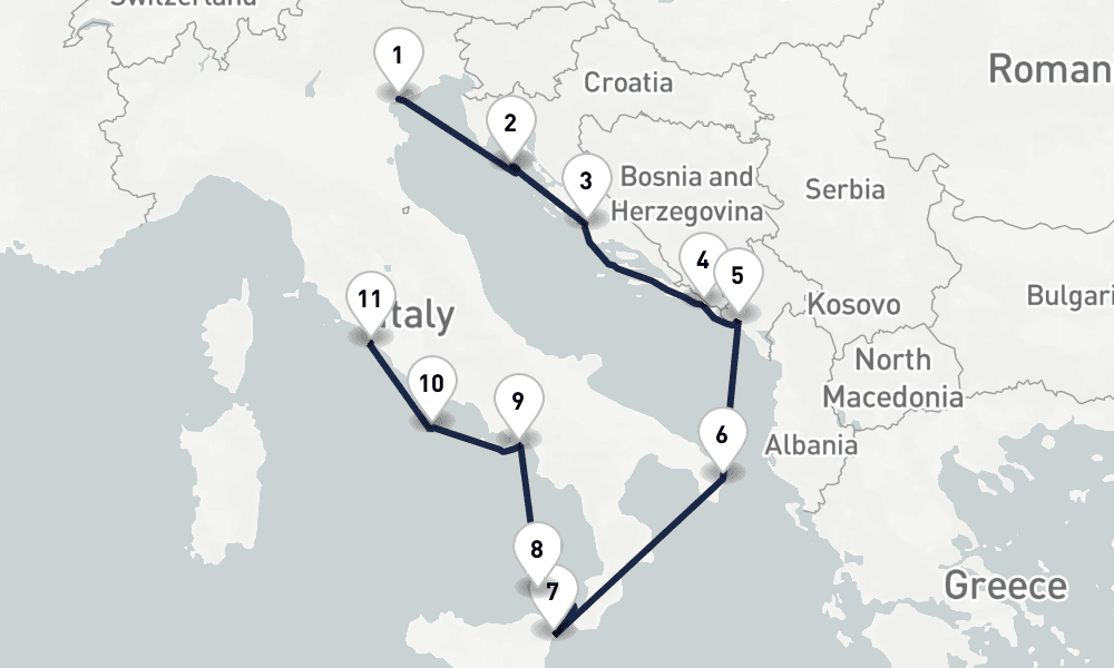 11 nights / 12 days, one-way from Venice to Civitavecchia (Rome, Italy)