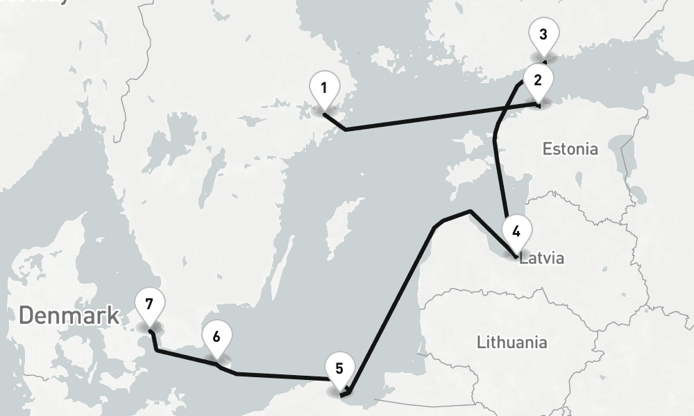 7 nights / 8 days, one-way from Stockholm to Copenhagen
