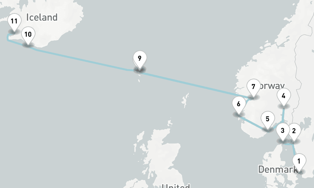 12 nights / 13 days, one-way from Copenhagen to Reykjavik