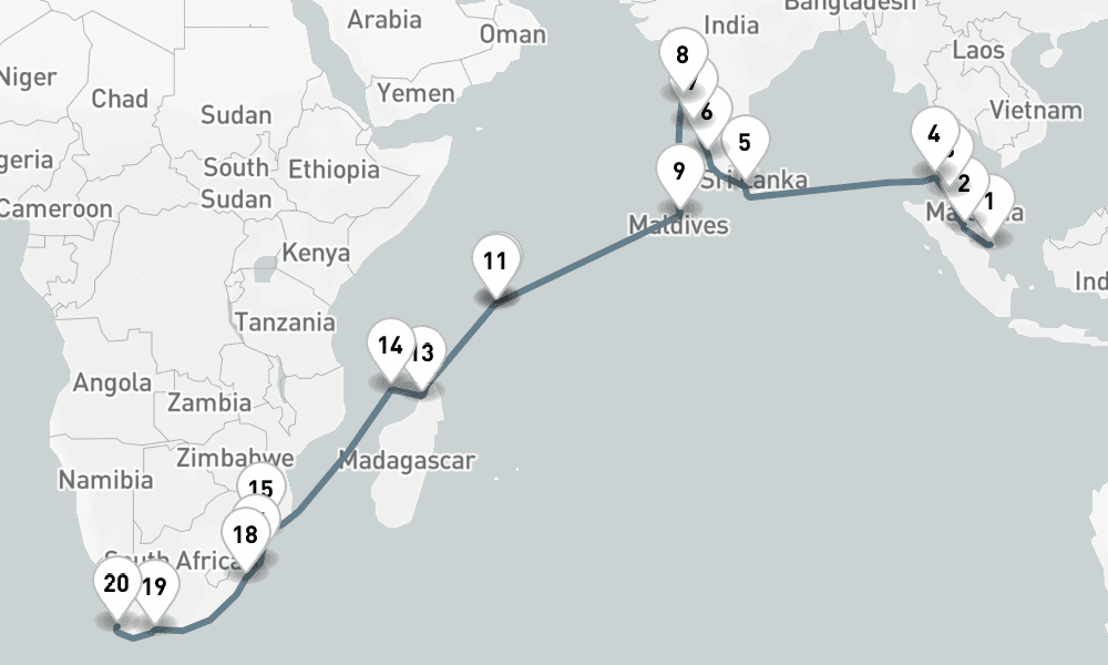 30 nights / 31 days, one-way from Singapore to Cape Town