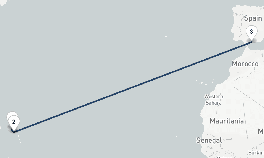 14 nights / 15 days, one-way from Philipsburg (St Maarten Island, Dutch Antilles) to Malaga