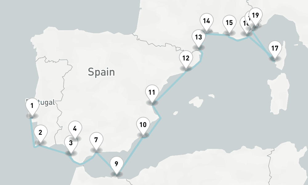 18 nights / 19 days, one-way from Lisbon to Villefranche-sur-Mer (Nice, France Riviera)