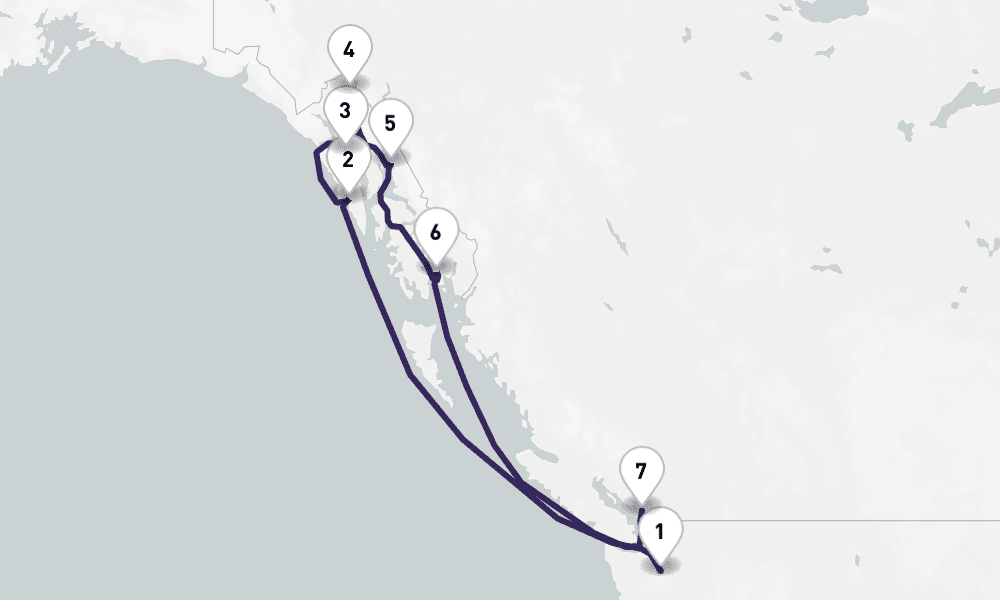 8 nights / 9 days, one-way from Seattle (Washington) to Vancouver (BC Canada)