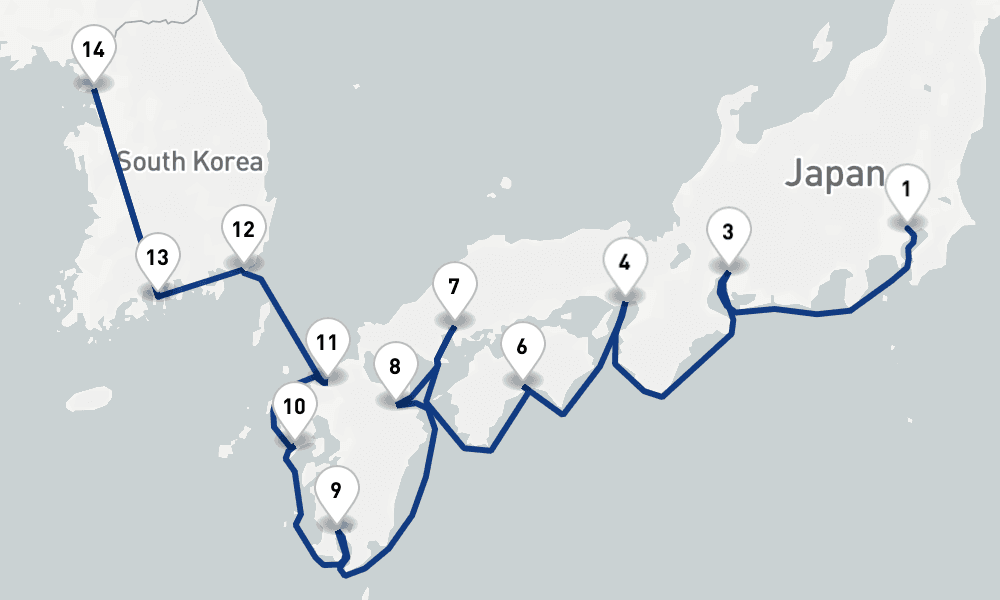 14 nights / 15 days, one-way from Tokyo to Incheon (Seoul, South Korea)
