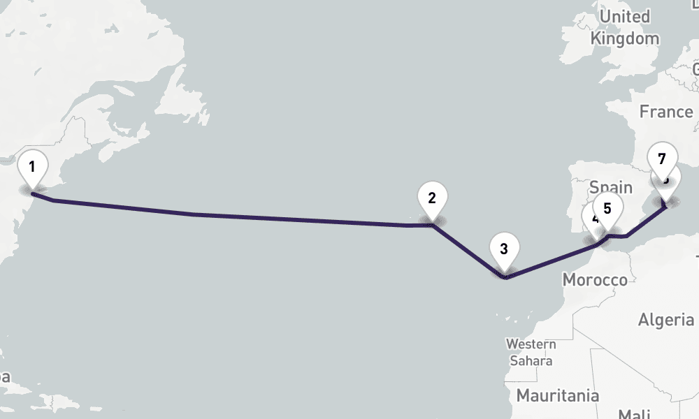 14 nights / 15 days, one-way from New York (Cape Liberty NYC) to Barcelona