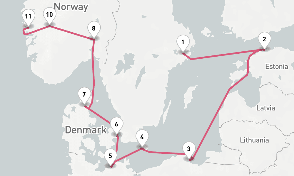 14 nights / 15 days, one-way from Stockholm to Bergen
