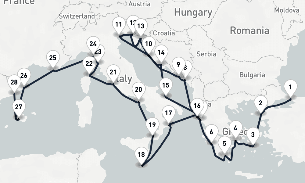 27 days, one-way from Istanbul to Barcelona 28日間