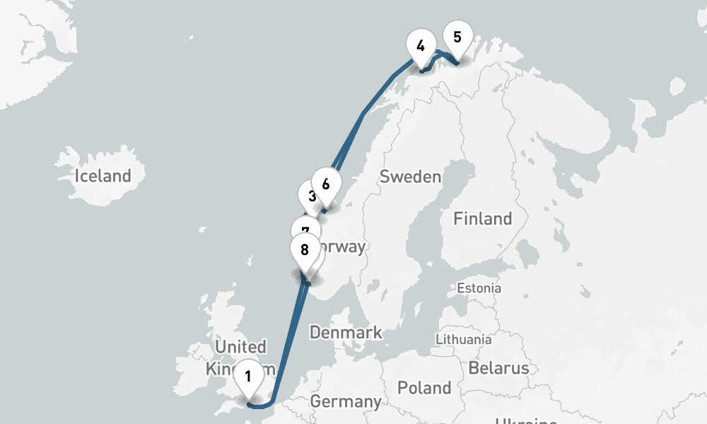 12 days, round-trip Norway From Round-Trip London Tromso, Alesund Bergen 13日間