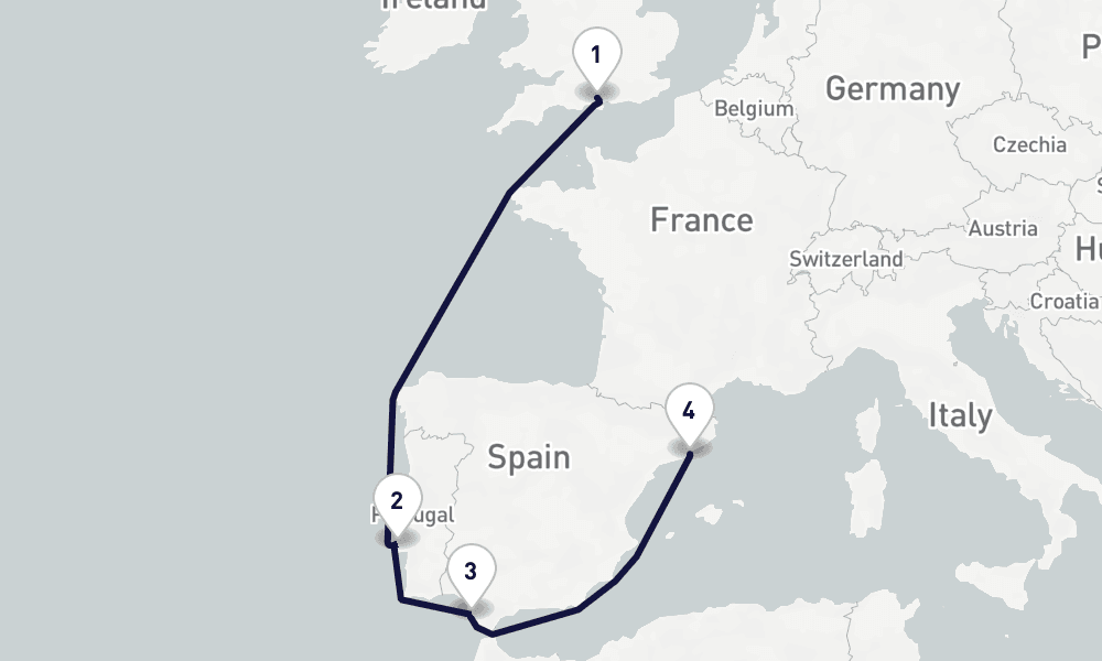6 days, one-way from Southampton to Barcelona 7日間