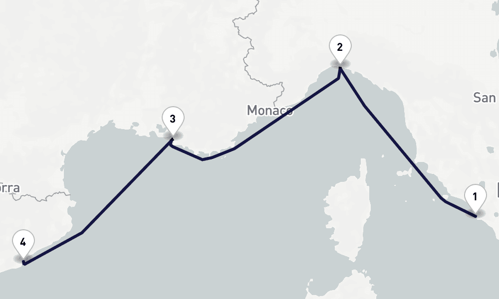 3 days, one-way from Civitavecchia-Rome to Barcelona 4日間