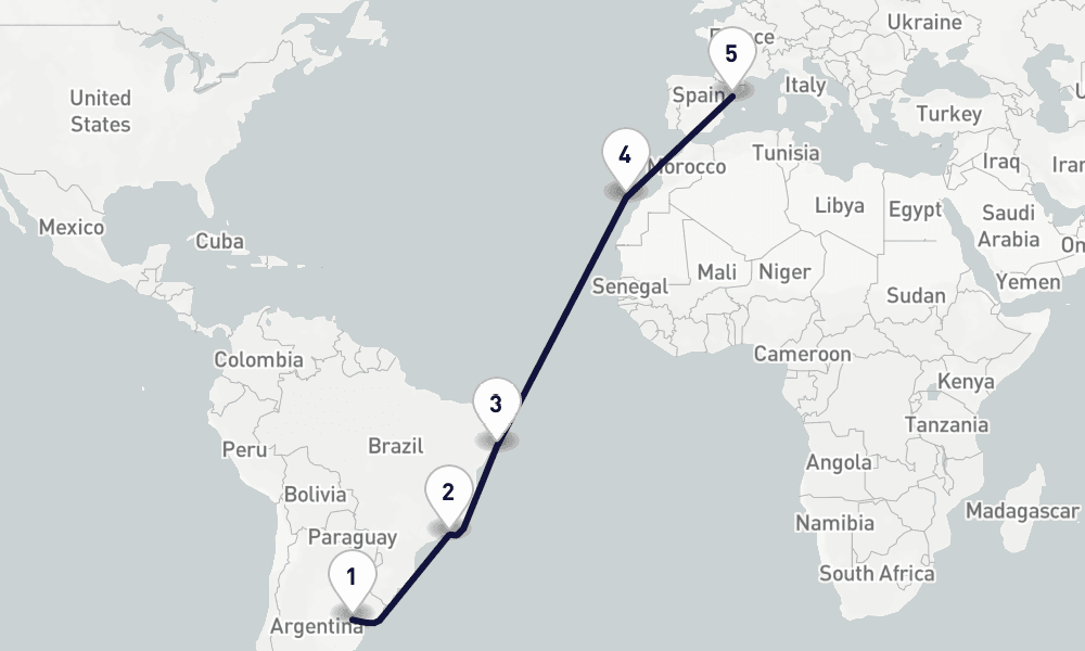 16 days, one-way from Buenos Aires to Tarragona 17日間
