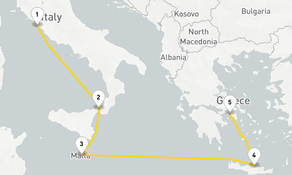 5 days, one-way from Civitavecchia-Rome to Piraeus-Athens 6日間