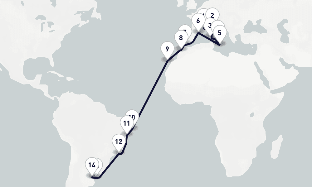 24 days, one-way from Marseille to Buenos Aires 25日間
