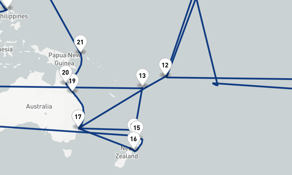 86 days, one-way from Southampton to Singapore 87日間