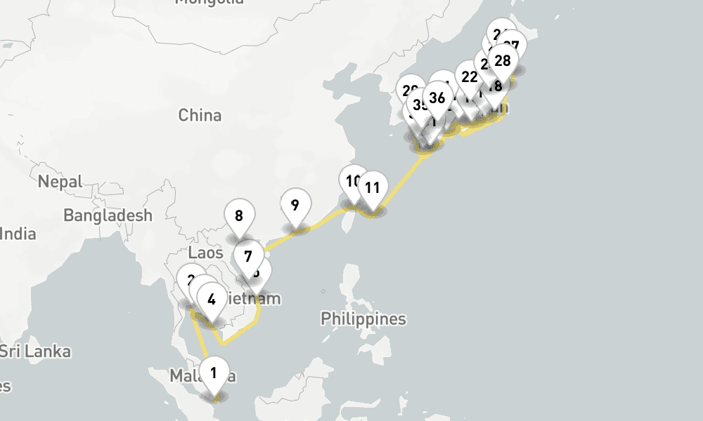 54 days, one-way from Singapore to Tokyo 55日間
