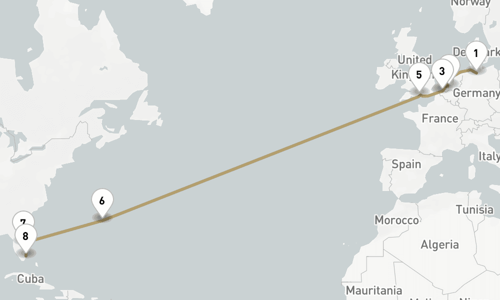 17 days, one-way from Hamburg to Fort Lauderdale 18日間