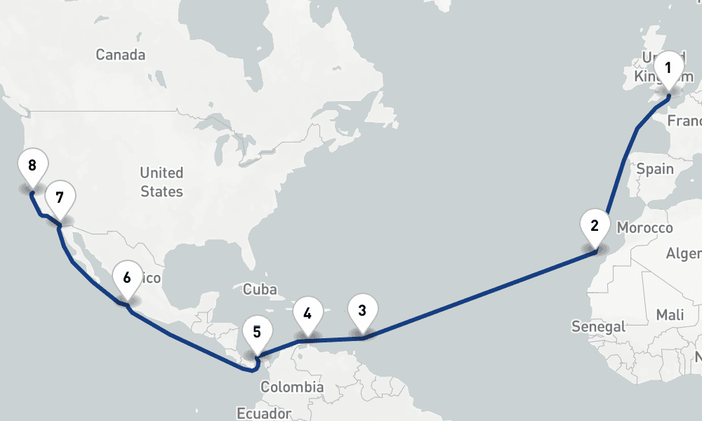 24 days, one-way from Southampton to San Francisco 25日間