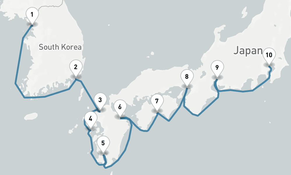 11 days, one-way from Incheon to Tokyo 12日間