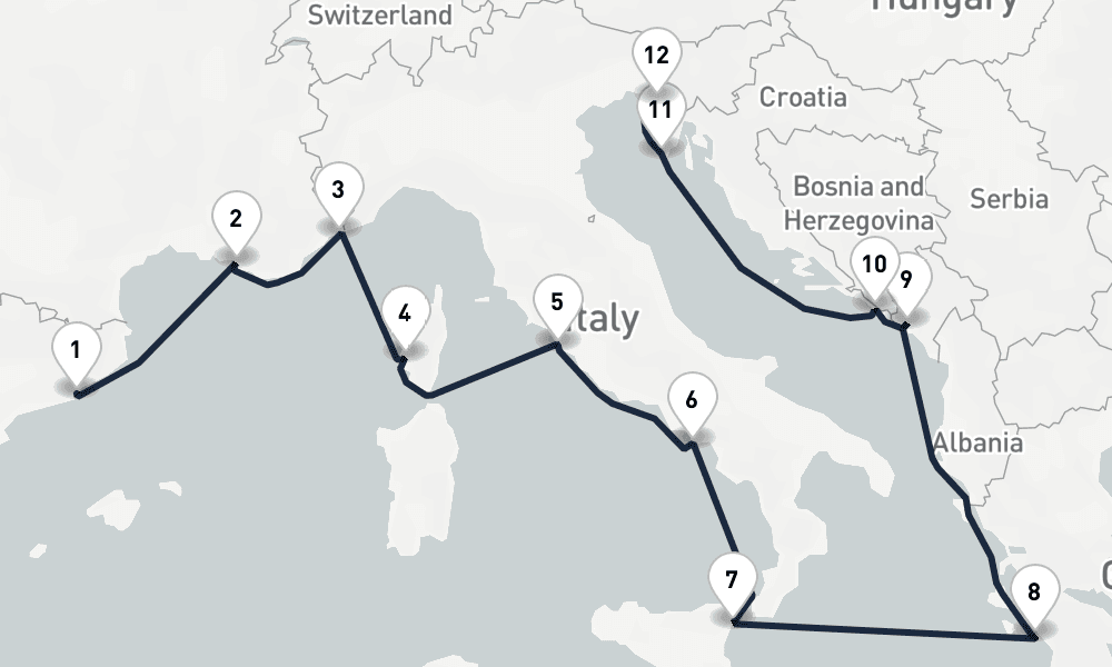 12 days, one-way from Barcelona to Trieste 13日間