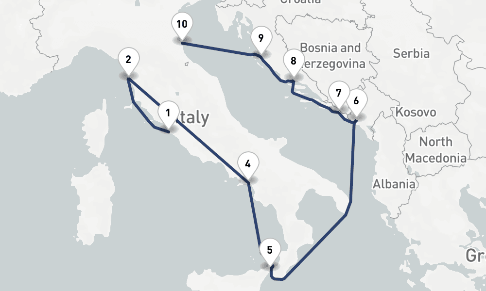 11 days, one-way from Civitavecchia-Rome to Ravenna 12日間