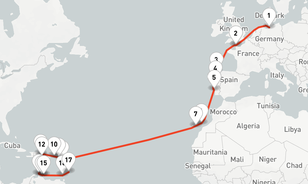 27 days, one-way from Hamburg to Bridgetown 28日間