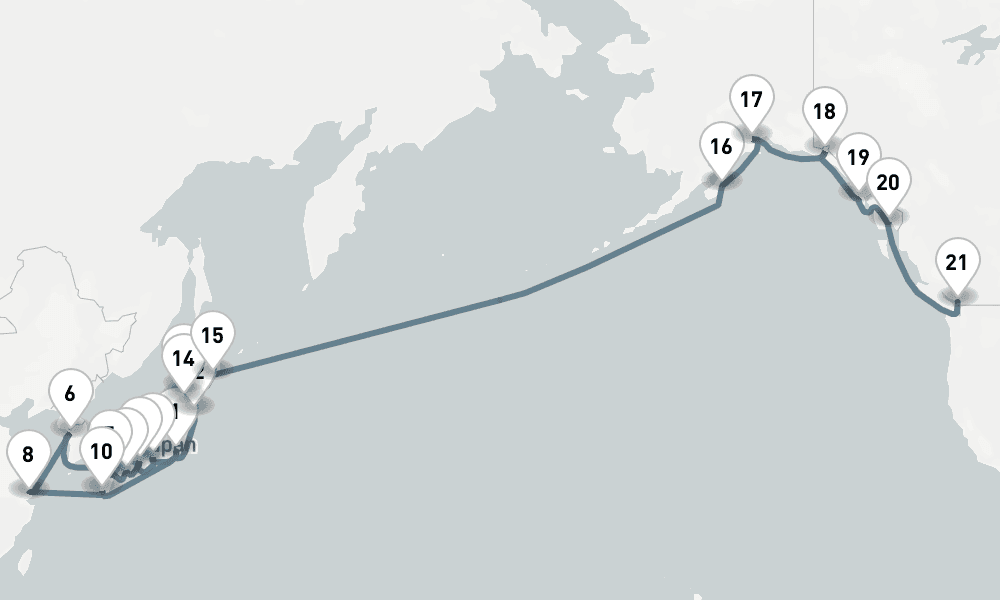 31 days, one-way from Tokyo to Vancouver 32日間