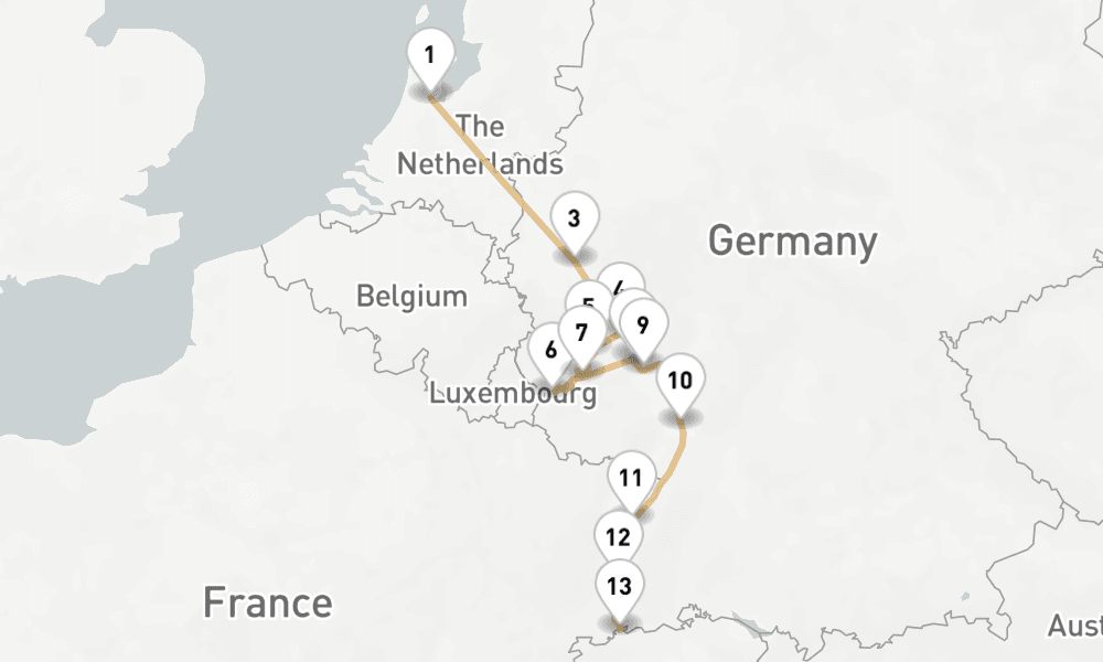 11 nights / 12 days, one-way from Amsterdam (Holland) to Basel