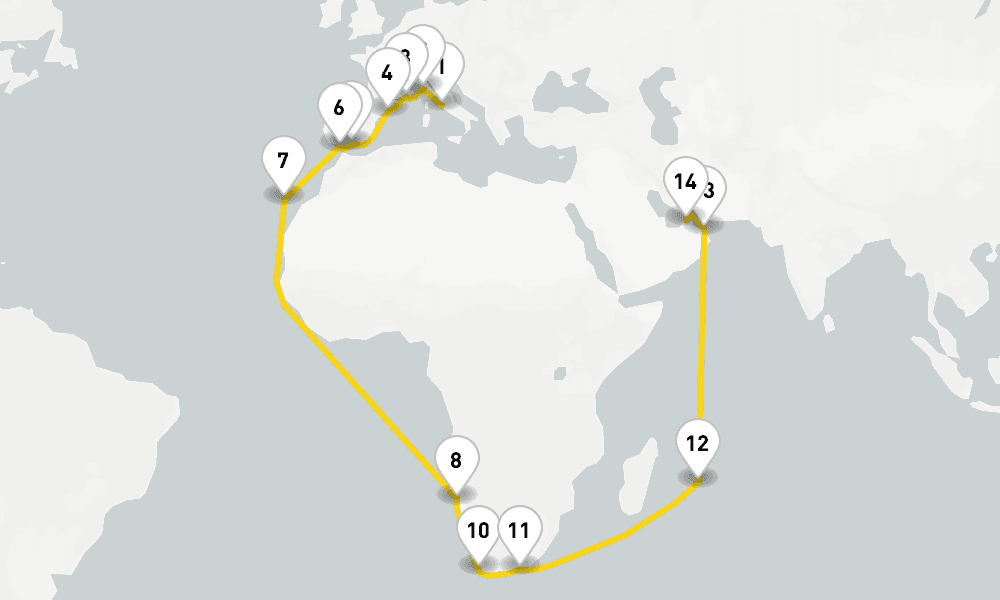 38 days, one-way from Civitavecchia-Rome to Dubai 39日間
