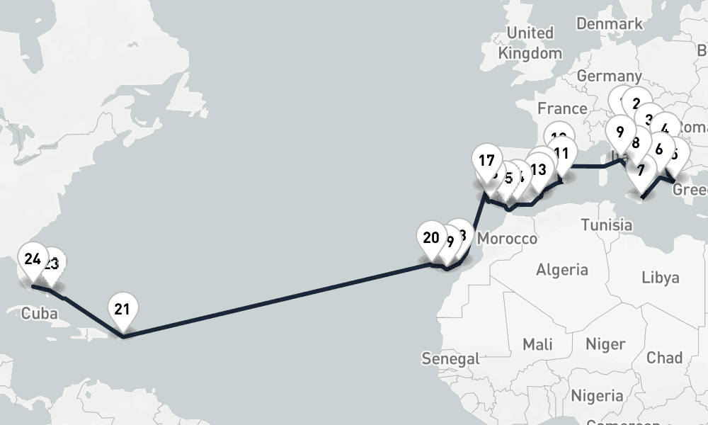 32 days, one-way from Venice to Miami 33日間