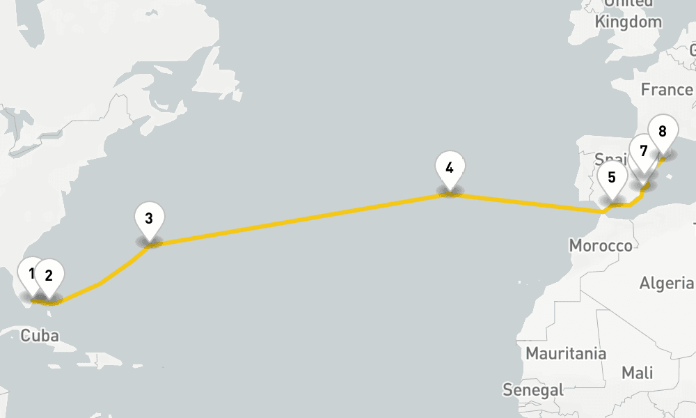 15 days, one-way from Fort Lauderdale to Barcelona 16日間