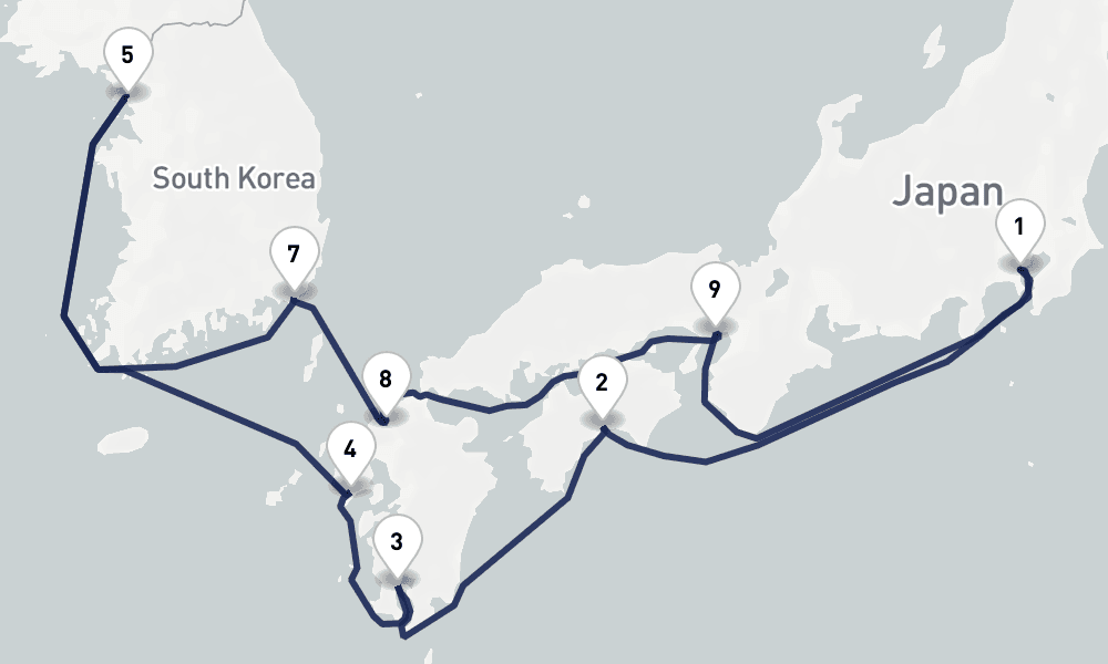 14 days, round-trip Japan South Korea Discovery 15日間