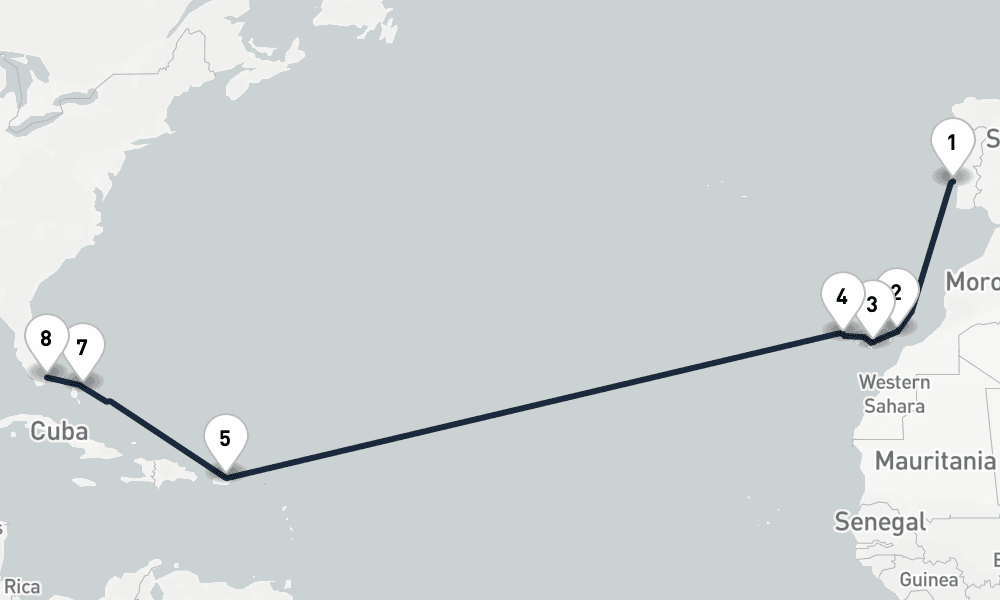 15 days, one-way from Lisbon to Miami 16日間