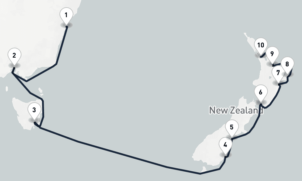 14 days, one-way from Sydney to Auckland 15日間