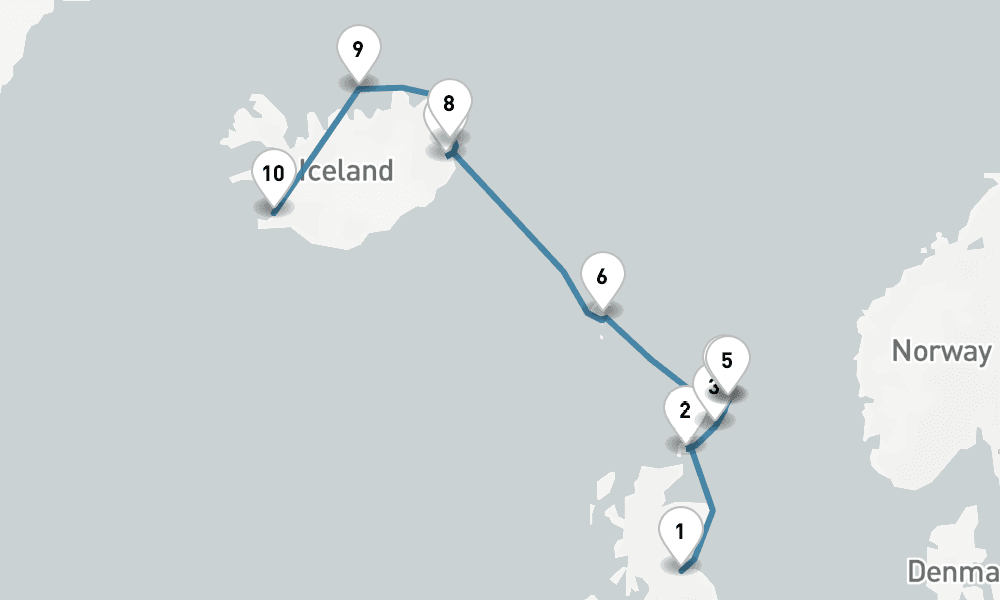 11 days, one-way from Leith-Edinburgh to Reykjavik 12日間