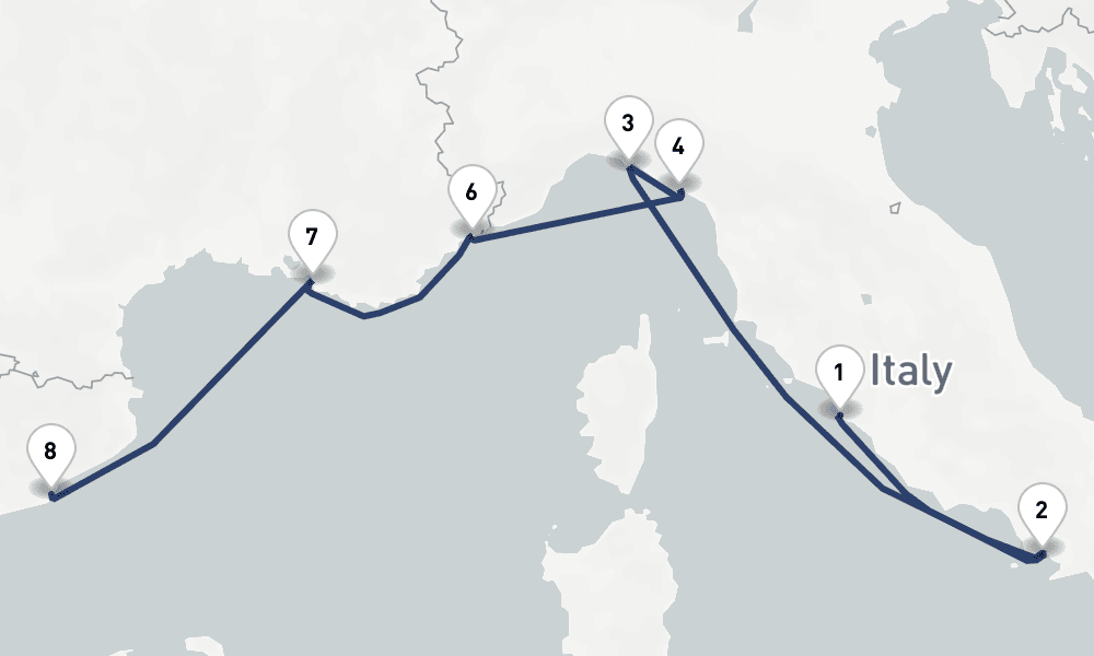 9 days, one-way from Civitavecchia-Rome to Barcelona 10日間
