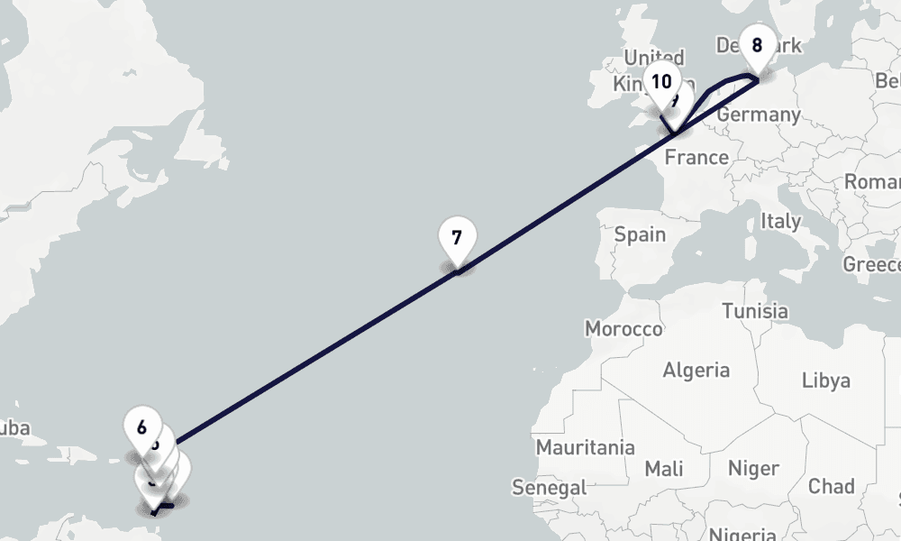 20 days, one-way from Bridgetown to Southampton 21日間